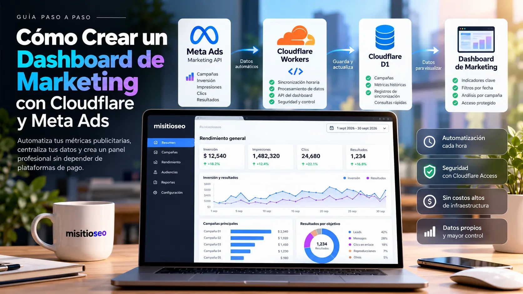 Ejemplo de dashboard de marketing con campañas, métricas y filtros